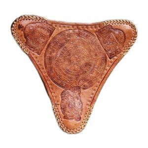 Vintage Hand-Tooled Mexican Leather Tripod Stool Seat Cover‎ Aztec Design